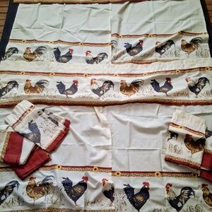 Rooster Print Kitchen Curtain Set - Cream and Red